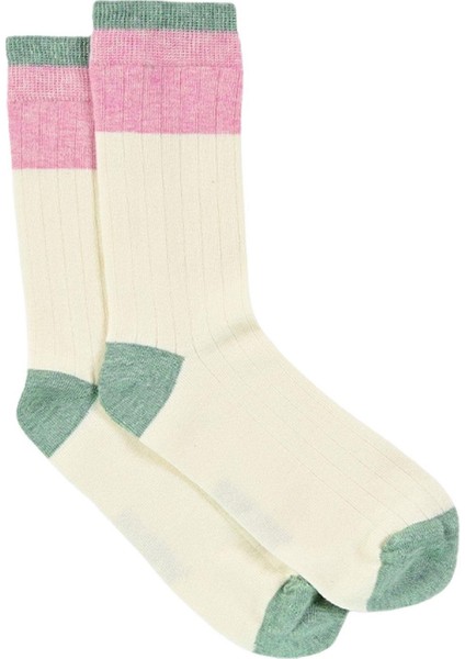 Kadın Krem-Pembe Blok Desenli Soket Çorap