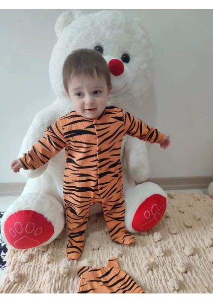 3-6-9-12 Ay Pooh Desenli Zebra Çizgili Şapkalı Sweatli 3lü Kız Erkek Bebek Tulumu(Sarı) Sarı