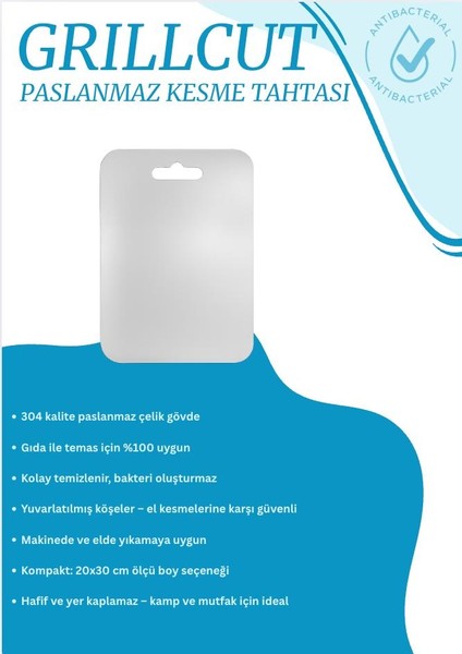 CleanCut - Paslanmaz Çelik Kesme Tahtası (20x30cm), Gıda ile temasa uygundur, Antibakteriyel