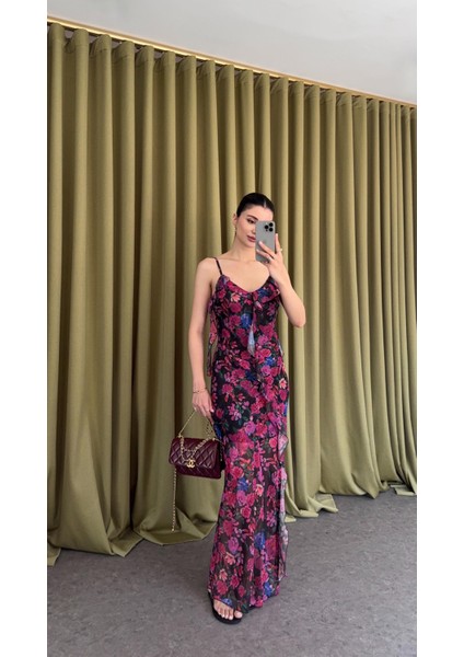 Çiçekli Fırfırlı Askılı Elbise