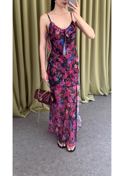 Çiçekli Fırfırlı Askılı Elbise modelleri