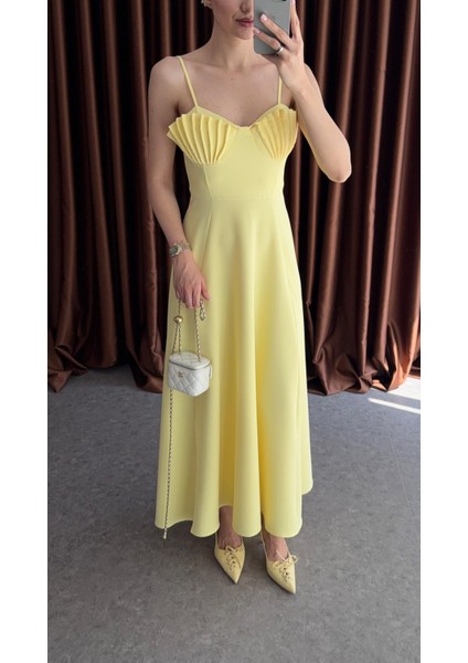 Göğüs Pileli Sarı Elbise modelleri