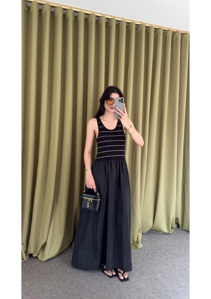 Çizgili Siyah Maxi Elbise