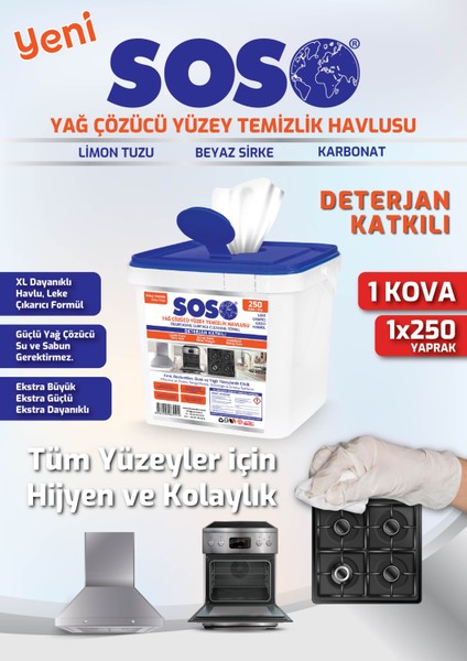 1X250 Yaprak - Özel Formüllü Kova Yağ Çözücü Yüzey Temizleme Mendili