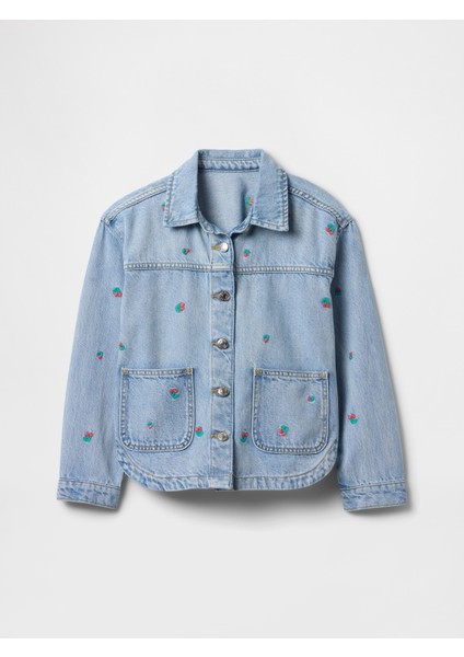 Kız Çocuk Mavi Desenli Denim Ceket