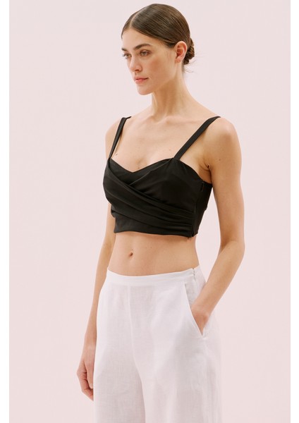 Askılı Drape Detaylı Crop Bluz Siyah Y2523821_001