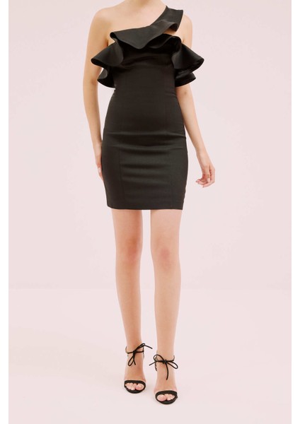 Volanlı Mini Elbise Siyah Y1721056_001