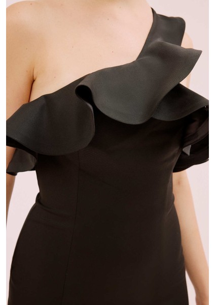 Volanlı Mini Elbise Siyah Y1721056_001 fırsatları