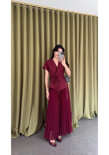 Pileli Bordo Yelek-Etek Takım