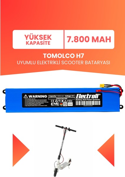 Tomolco H7 Uyumlu Batarya (Yüksek Kapasite) 36V 7.8AH Elektrikli Scooter Bataryası