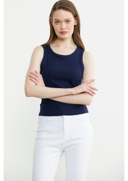Fitilli Basic Kolsuz Tişört - Lacivert