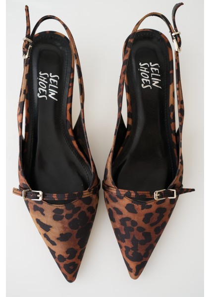 Laris Sivri Burun Ön Kemer Detaylı Kısa Topuklu Kadın Stiletto- Leopar