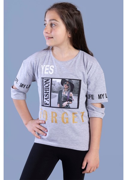 Kız Çocuk Kolları Kesik Detaylı Baskılı Tişört