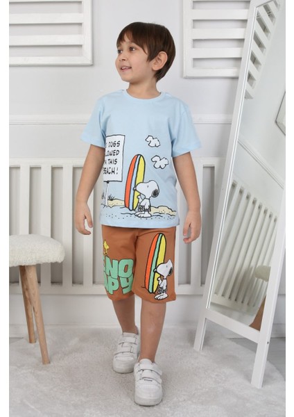 Erkek Çocuk Snoppy Baskılı Mavi-Kahverengi Şortlu Takım