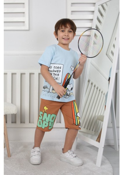 Erkek Çocuk Snoppy Baskılı Mavi-Kahverengi Şortlu Takım fiyatları