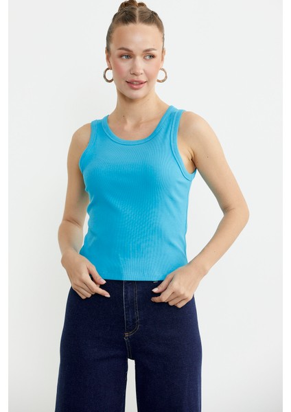 Fitilli Basic Kolsuz Tişört - Turkuaz modelleri