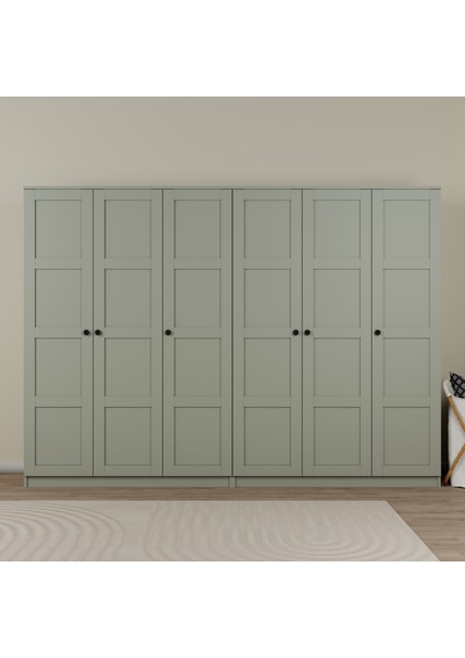 Lucas 6 Kapaklı,15 Raf Bölmeli Yüklük & Askılıklı Geniş Elbise Dolabı-Gardırop Yeşil 190X270 cm