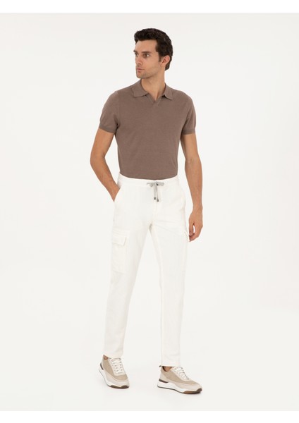 Erkek Beyaz Straight Fit Kadife Kargo Cepli %100 Pamuk Kanvas Pantolon 50294013-VR013