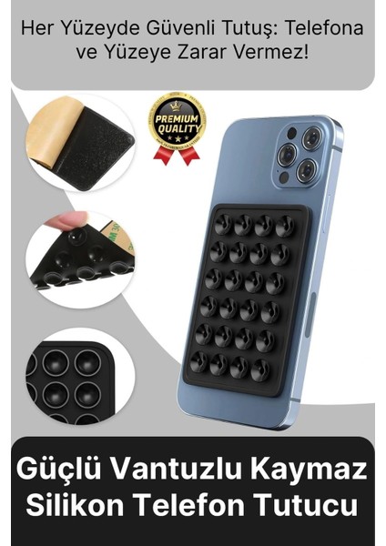 Özel Üretim Tüm Yüzeylere Uyumlu Kaymaz Siyah Güçlü Vantuzlu Silikon Yapışkanlı Telefon Tutucu
