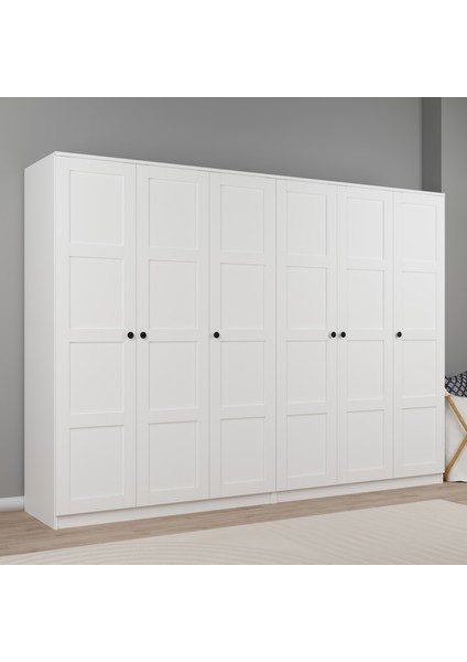 Lucas 6 Kapaklı,15 Raf Bölmeli Yüklük & Askılıklı Geniş Elbise Dolabı-Gardırop Beyaz 190X270 cm fırsatları