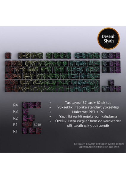 Mekanik Klavye Kontur Keycaps Seti- 97 Tuş Şeffaf Rgb Uyumlu Çizgili Tuş Takımıı