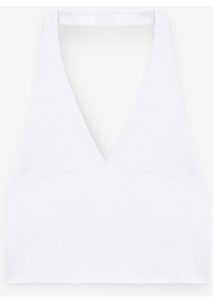 Morıenne Kadın Halter Yaka Kalın Askılı Sırtı Açık Crop Beyaz Bluz