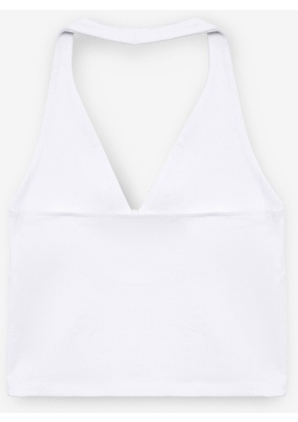 Morıenne Kadın Halter Yaka Kalın Askılı Sırtı Açık Crop Beyaz Bluz modelleri