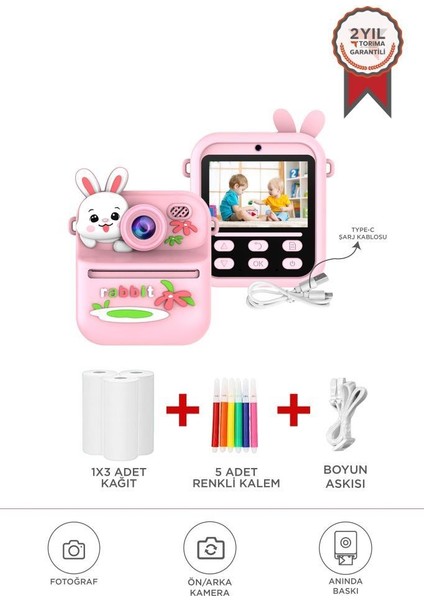 Cmr-33 Pembe Dijital Video Kayıt Fotoğraf Çocuk Kamerası Termal Resim Kağıt Baskılı Yazıcı