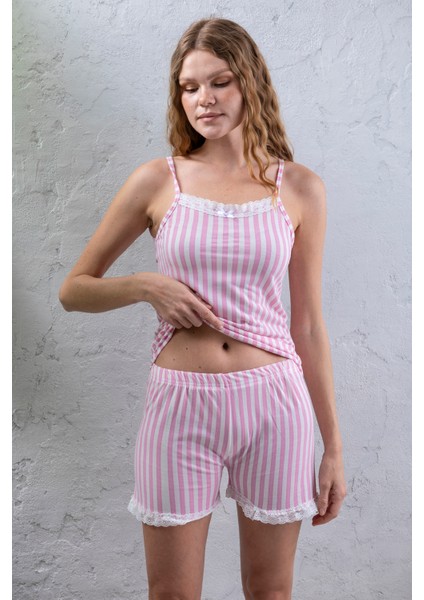 Kadın Askılı Şortlu Dantel Detaylı Çizgili Pijama Takımı Pembe Beyaz - 2031
