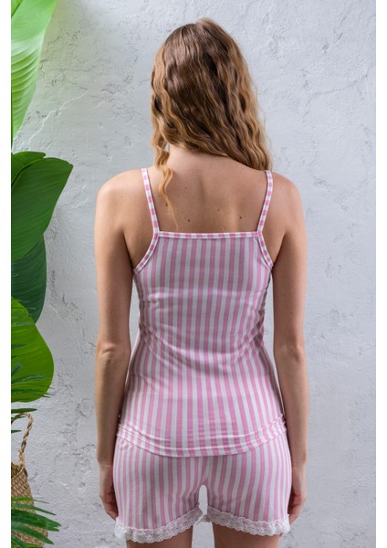 Kadın Askılı Şortlu Dantel Detaylı Çizgili Pijama Takımı Pembe Beyaz - 2031