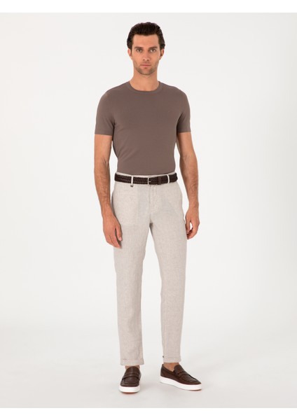 Erkek Bej Carrot Fit Ekose %100 Keten Spor Pantolon 50298898-VR011