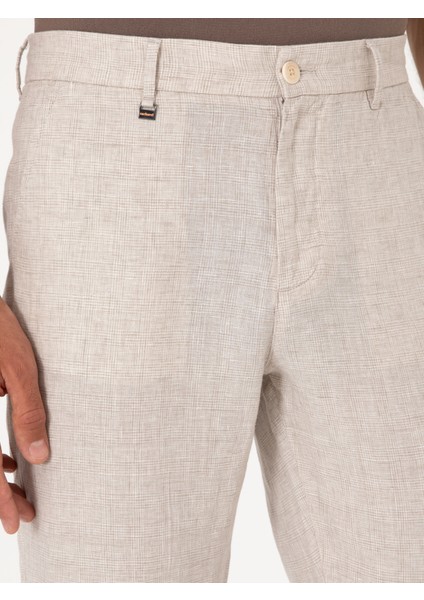 Erkek Bej Carrot Fit Ekose %100 Keten Spor Pantolon 50298898-VR011 indirimleri