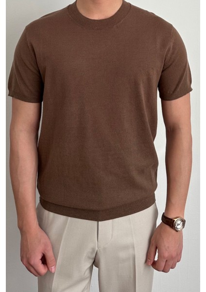 Erkek Kahverengi Slim Fit Bisiklet Yaka Triko T-Shirt