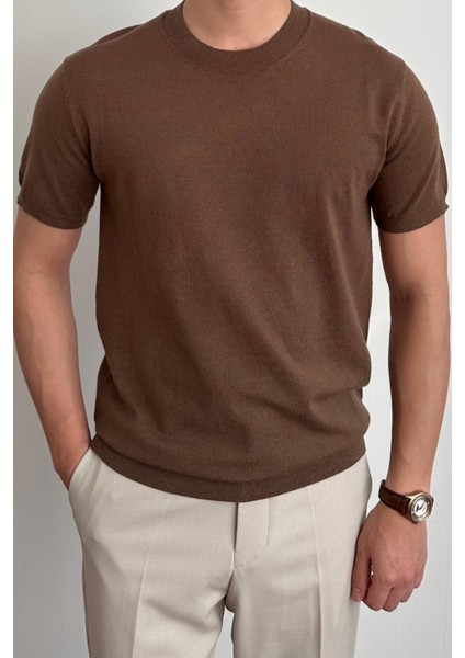 Erkek Kahverengi Slim Fit Bisiklet Yaka Triko T-Shirt fiyatları
