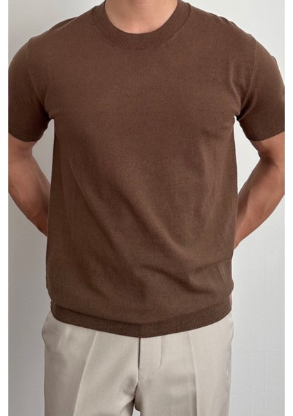 Erkek Kahverengi Slim Fit Bisiklet Yaka Triko T-Shirt modelleri