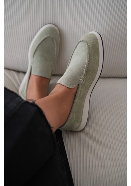 Felina Hakiki Süet Düz Tabanlı Kadın Loafer- Mint