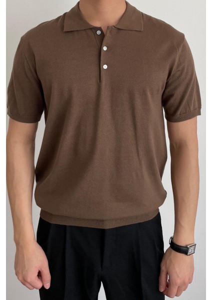 Erkek Kahverengi Düğmeli Regular Fit Triko T-Shirt fiyatları