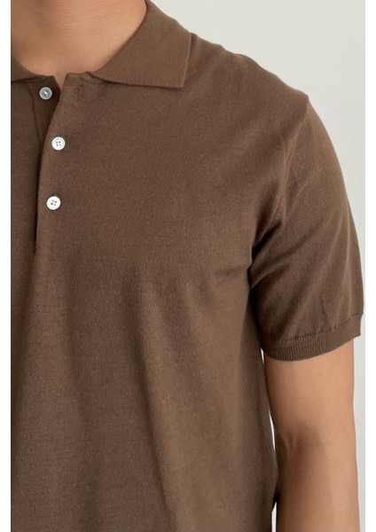 Erkek Kahverengi Düğmeli Regular Fit Triko T-Shirt modelleri