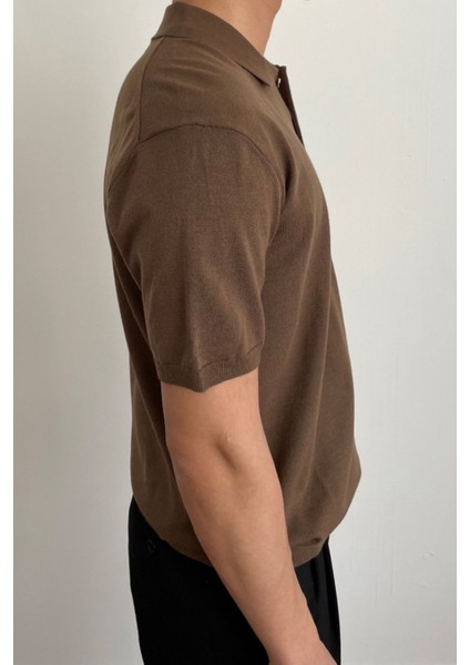 Erkek Kahverengi Düğmeli Regular Fit Triko T-Shirt