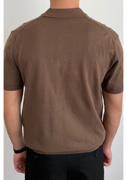 Erkek Kahverengi Düğmeli Regular Fit Triko T-Shirt