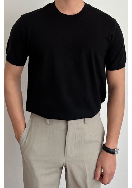 Erkek Siyah Slim Fit Bisiklet Yaka Triko T-Shirt