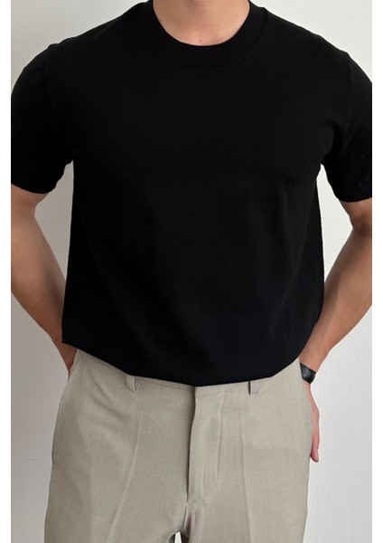 Erkek Siyah Slim Fit Bisiklet Yaka Triko T-Shirt fiyatları