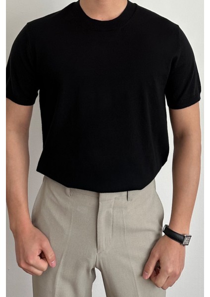 Erkek Siyah Slim Fit Bisiklet Yaka Triko T-Shirt modelleri