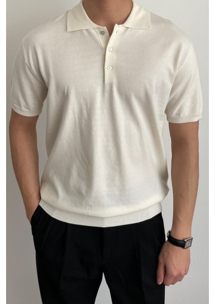 Erkek Beyaz Düğmeli Regular Fit Triko T-Shirt fiyatları