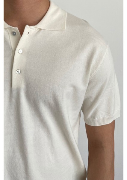 Erkek Beyaz Düğmeli Regular Fit Triko T-Shirt modelleri