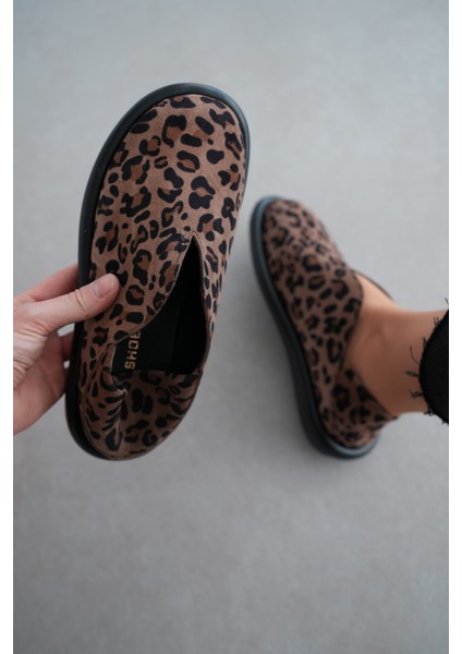 Denny Hakiki Deri Oval Burunlu V Detaylı Kadın Loafer- Leopar modelleri