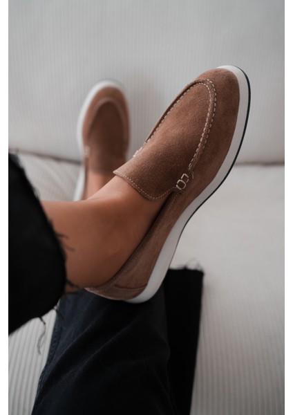 Felina Hakiki Süet Düz Tabanlı Kadın Loafer- Kahve Süet
