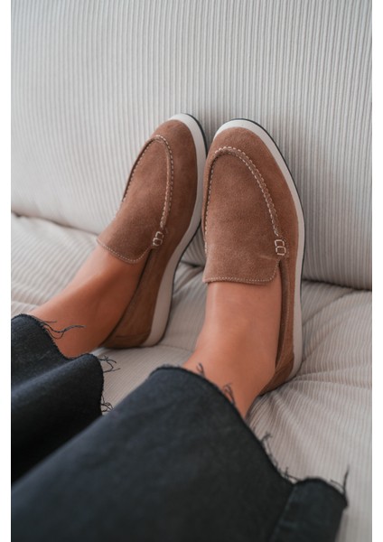 Felina Hakiki Süet Düz Tabanlı Kadın Loafer- Kahve Süet