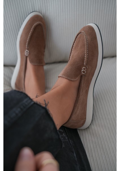 Felina Hakiki Süet Düz Tabanlı Kadın Loafer- Kahve Süet