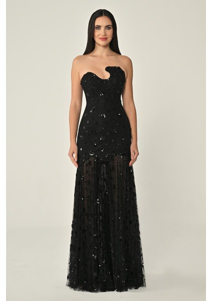 Straplez Göğüs Asimetrik Kesim Eteği Payetli Tül Abiye Elbise Alfa Beta